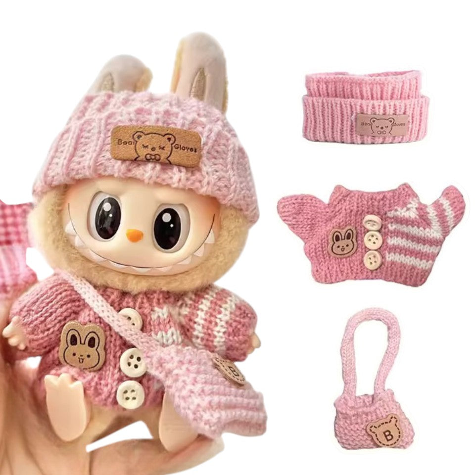 Strick Kleidungs Set 17cm für Labubu Puppen kompatibel mit V1 V2 V3 Pullover Mütze & Tasche (Blau oder Rosa) weiche und stilvolle Kostüm Hoodie Outfit Zubehör, Puppe und Brille Nicht enthalten
