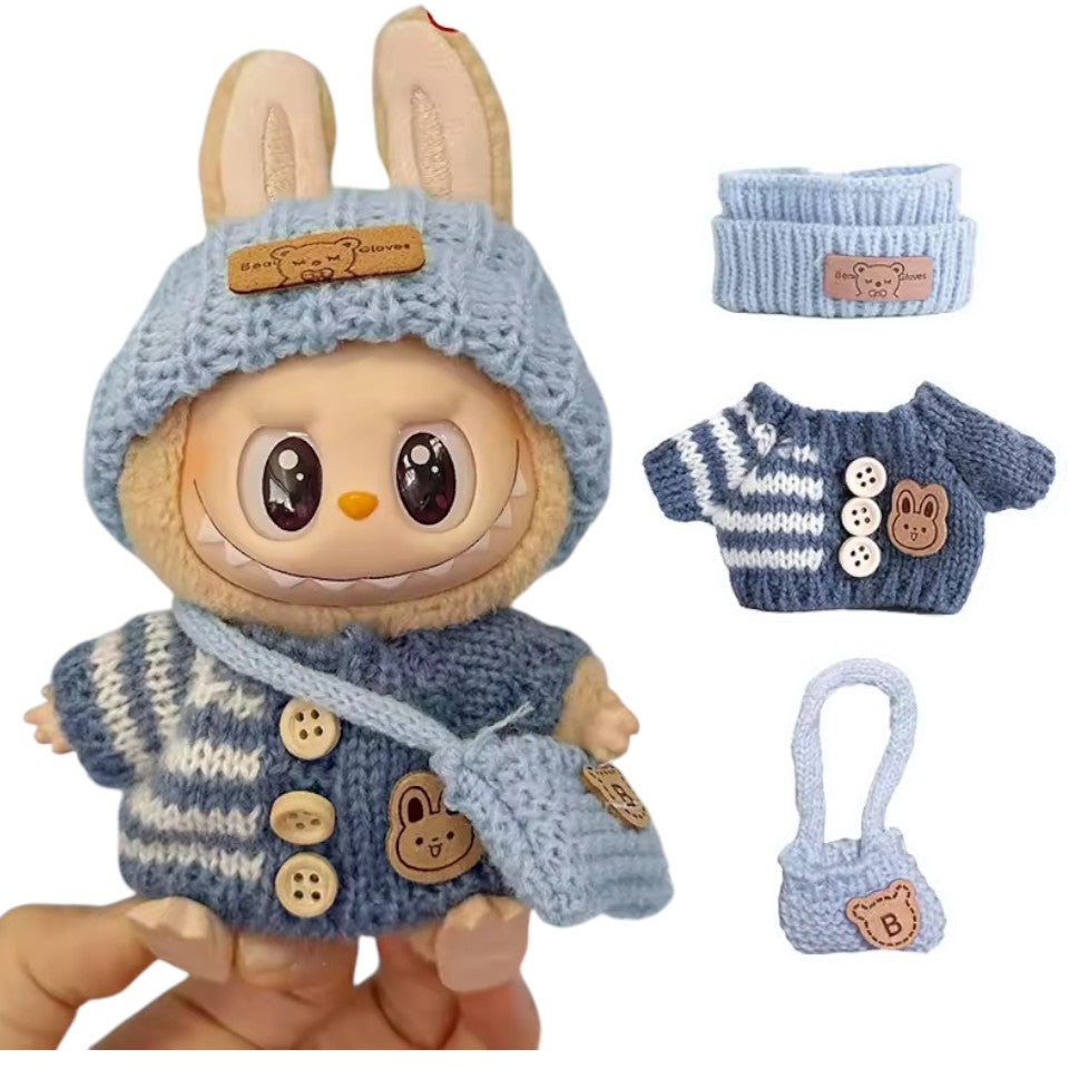 Strick Kleidungs Set 17cm für Labubu Puppen kompatibel mit V1 V2 V3 Pullover Mütze & Tasche (Blau oder Rosa) weiche und stilvolle Kostüm Hoodie Outfit Zubehör, Puppe und Brille Nicht enthalten