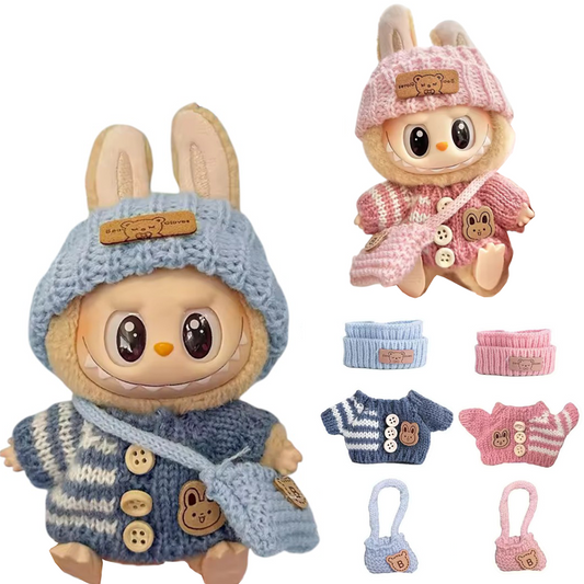 Strick Kleidungs Set 17cm für Labubu Puppen kompatibel mit V1 V2 V3 Pullover Mütze & Tasche (Blau oder Rosa) weiche und stilvolle Kostüm Hoodie Outfit Zubehör, Puppe und Brille Nicht enthalten